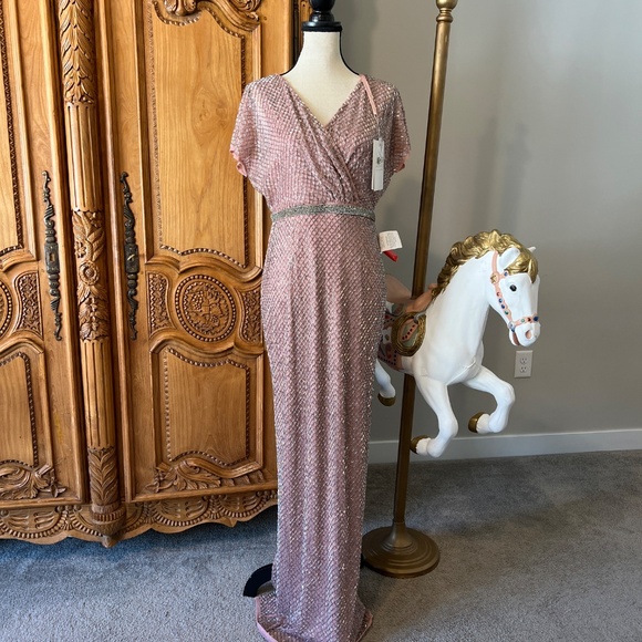 NWT Mac Duggal 93787 Lattice Beaded Short Sleeve Dress Rose Pink Size 8 - Picture 2 of 11